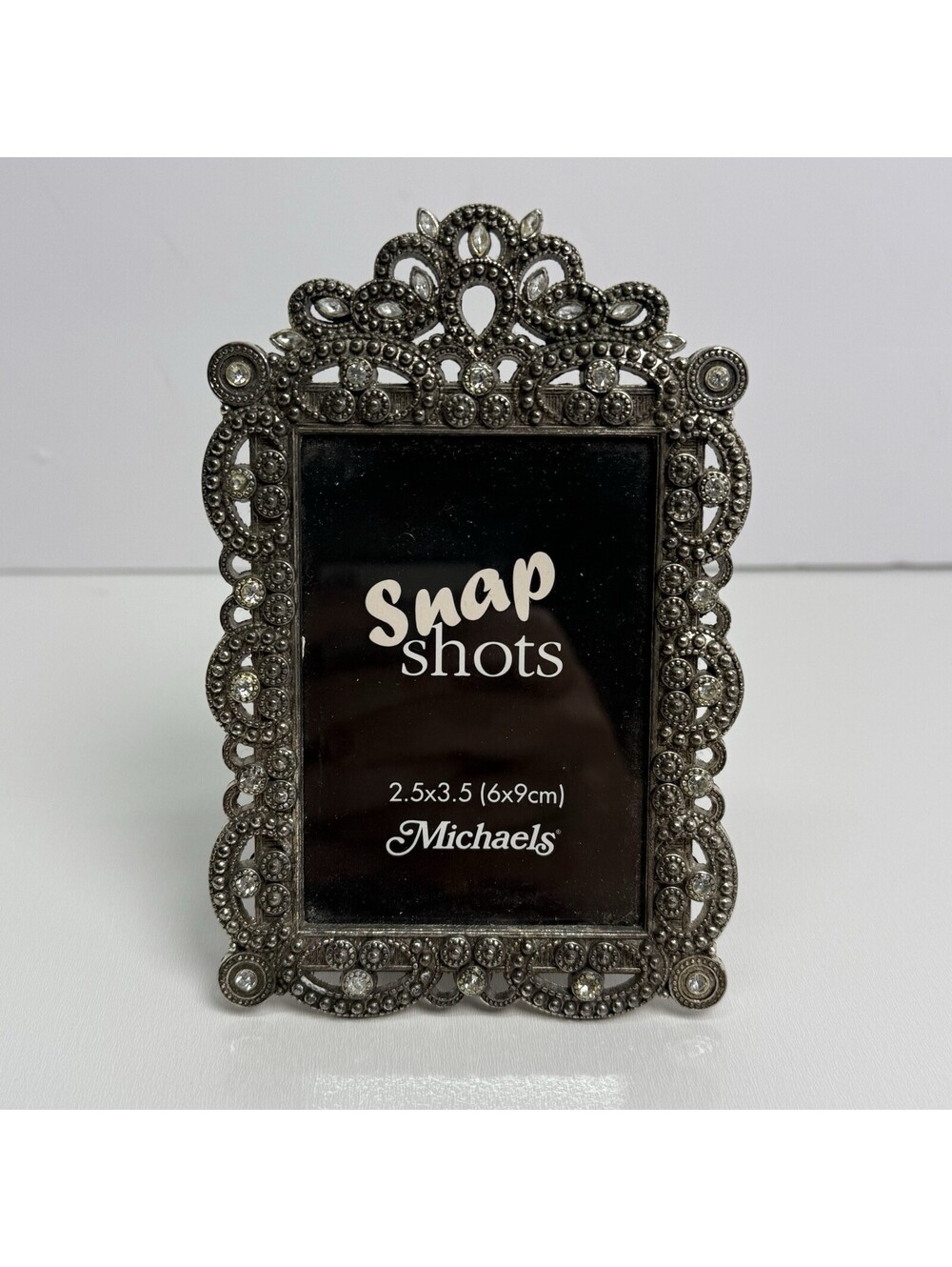 Vintage MICHAELS Silvertone Metal Rhinestone Photo Frame Holds 2.5X3.5" Fairy